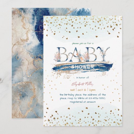 Invitation Marine Blue Gold Parties scintillant Baby Boy Douc (Devant / Derrière)