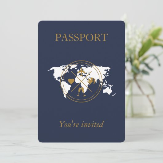 Invitation Marine Blue Gold Passport Destination Mariage QR (Debout devant)