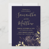 Invitation Marine Blue & Gold Peony Moderne Floral Mariage (Devant)