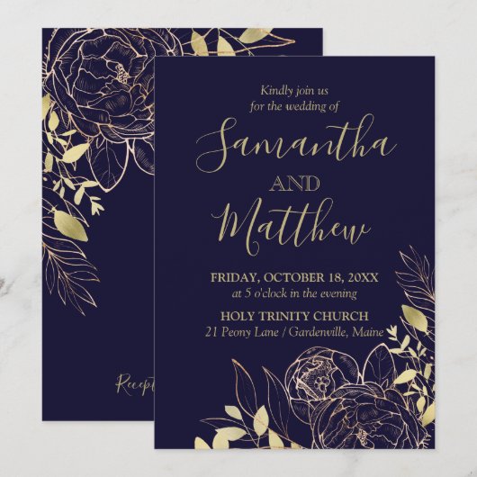 Invitation Marine Blue & Gold Peony Moderne Floral Mariage (Devant / Derrière)