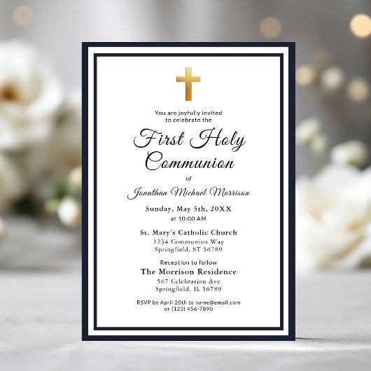 Invitation Marine Blue Gold Première communion sacrée Garçon