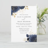 Invitation Marine Blue & Gold Roses Mariage élégant (Debout devant)