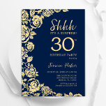 Invitation Marine Blue Gold Roses Surprise 30e anniversaire<br><div class="desc">Invitation de 30e anniversaire à la fête d'or bleu marine. Design élégant avec des roses,  fausse feuille d'or et police de script de typographie. Carte invitation tendance parfaite pour une célébration anniversaire élégante. Peut être customisé à n'importe quel âge. Invitations Zazzle imprimées ou téléchargement instantané modèle imprimable numérique.</div>