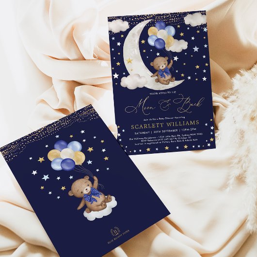 Invitation Marine Blue Gold Teddy Bear Lune et Baby shower ar