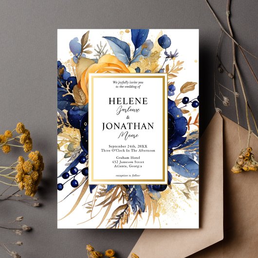 Invitation Marine Blue Gold Terracotta Floral Mariage élégant