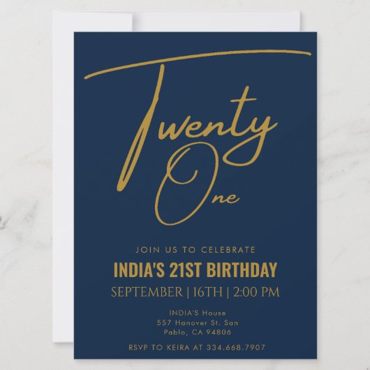 Invitation Marine Blue & Gold Vingt et un 21e anniversaire (Devant)