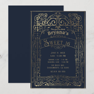 Invitation Marine Blue & Gold Vintage Victorian Déco Sweet 16