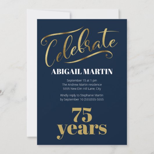 Invitation Marine Blue Gold White 75e fête d'anniversaire (Devant)