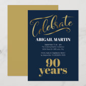 Invitation Marine Blue Gold White 90e fête d'anniversaire (Devant / Derrière)
