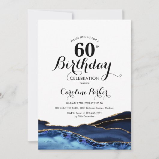 Invitation Marine Blue Gold White Agate 60e anniversaire (Devant)