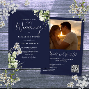 Invitation Marine Blue Green Floral QR Code Mariage photo