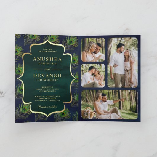 Invitation Marine Blue Green Peacock Feathers QR Code Mariage (Intérieur)