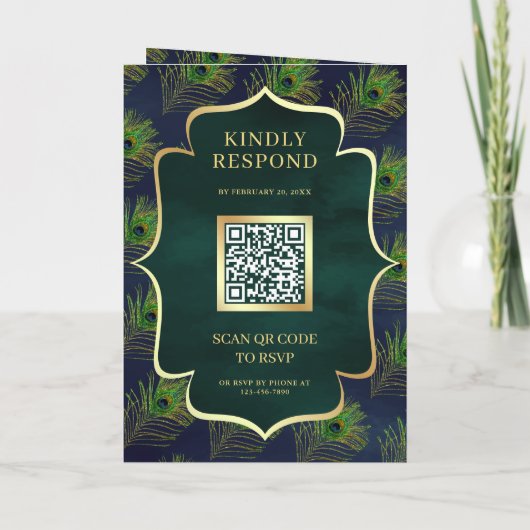 Invitation Marine Blue Green Peacock Feathers QR Code Mariage (Dos)