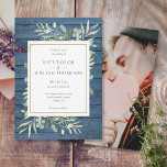 Invitation Marine Blue Greenery Gold Rustic Photo Mariage<br><div class="desc">Doté de délicats feuilles d'aquarelle sur un arrière - plan de panneaux de bois bleu rustique,  ce faire-part de mariage botanique chic peut être personnalisé avec votre photo et informations spéciales de mariage. Conçu par Thisisnotme©</div>