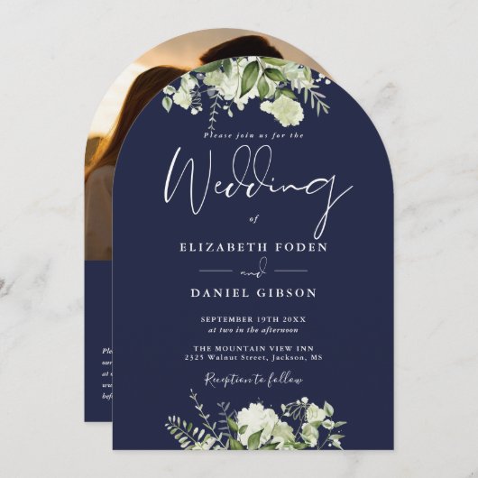 Invitation Marine Blue Greenery QR Code Photo Arch Mariage (Devant / Derrière)