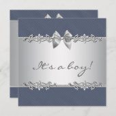 Invitation Marine Blue Grey Pinstripe Garçon Douche (Devant / Derrière)