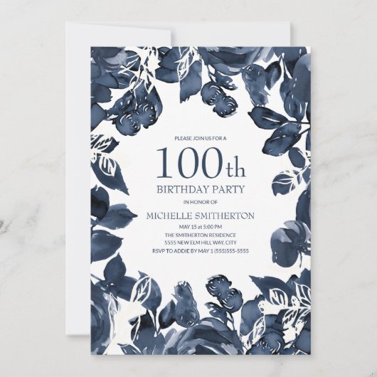 Invitation Marine Blue Indigo Feuilles 100e anniversaire (Devant)