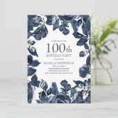 Invitation Marine Blue Indigo Feuilles 100e anniversaire (Debout devant)