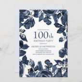 Invitation Marine Blue Indigo Feuilles 100e anniversaire (Devant / Derrière)