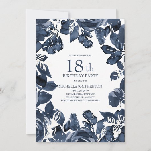 Invitation Marine Blue Indigo Feuilles 18e anniversaire (Devant)