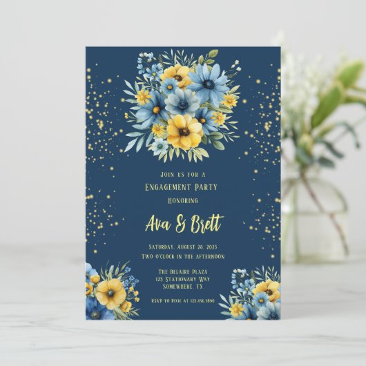 Invitation Marine Blue Jaune Floral Gold Party (Debout devant)
