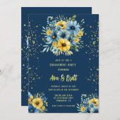 Invitation Marine Blue Jaune Floral Gold Party (Devant / Derrière)