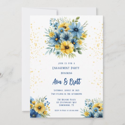 Invitation Marine Blue Jaune Floral Gold Party (Devant)