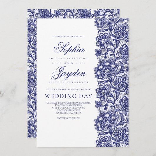 Invitation Marine Blue Lace Élégant et Mariage moderne (Devant / Derrière)