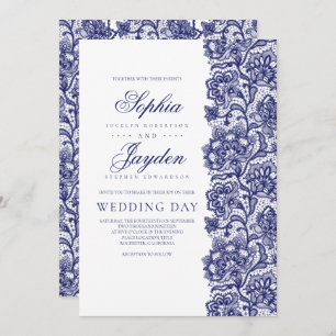 Invitation Marine Blue Lace Élégant et Mariage moderne