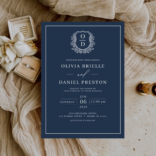 Invitation Marine Blue Leafy Crest Monogramme Mariage élégant