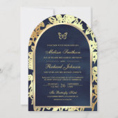 Invitation Marine Blue Line Art Gold Arch Mariage papillon (Devant)