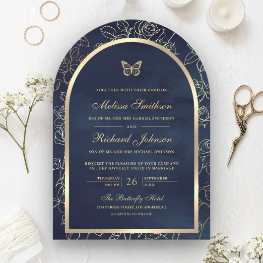 Invitation Marine Blue Line Art Gold Arch Mariage papillon