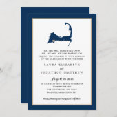 Invitation Marine Blue Mashpee Cape Cod Map Gold Heart Mariag (Devant / Derrière)