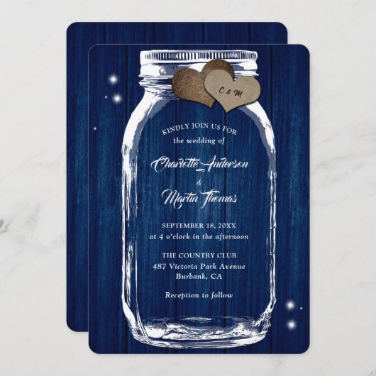 Invitation Marine Blue Mason Coeurs jarres Grange Mariage en (Devant / Derrière)