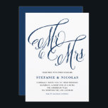 Invitation Marine Blue Mme et Mme Rustic Script Mariage<br><div class="desc">Famille d'Invitations et amis à votre mariage avec cette invitation personnalisable, avec l'expression "Mr & Mrs" en écriture rustique. Il conviendra parfaitement aux couples qui planifient une fête rustique, vintage ou d'inspiration campagnarde. Cette invitation peut être entièrement personnalisée pour inclure vos noms, la date du mariage, les détails du lieu...</div>