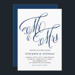 Invitation Marine Blue Mme et Mme Rustic Script Mariage<br><div class="desc">Famille d'Invitations et amis à votre mariage avec cette invitation personnalisable, avec l'expression "Mr & Mrs" en écriture rustique. Il conviendra parfaitement aux couples qui planifient une fête rustique, vintage ou d'inspiration campagnarde. Cette invitation peut être entièrement personnalisée pour inclure vos noms, la date du mariage, les détails du lieu...</div>