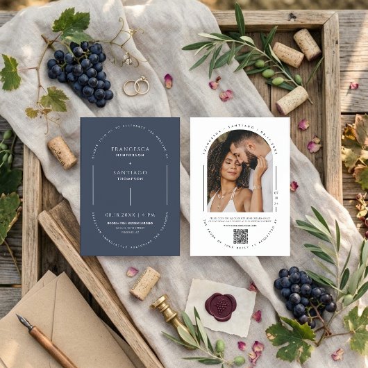 Invitation Marine Blue Modern Arch QR Code Photo Boho Mariage