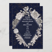 Invitation Marine Blue Modern Diamond Fleurs Vintages Mariage (Devant / Derrière)