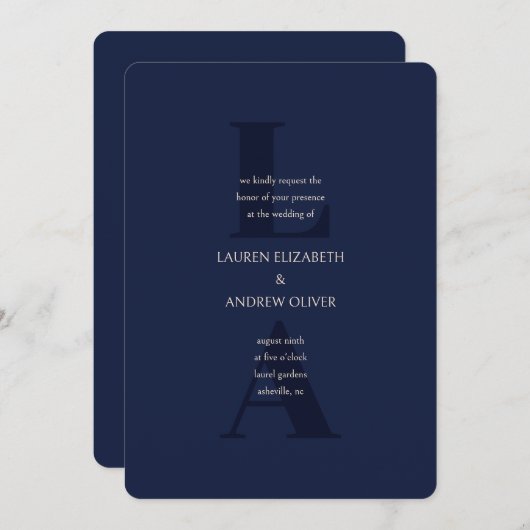 Invitation Marine Blue Modern Initiales Monogramme Mariage In (Devant / Derrière)