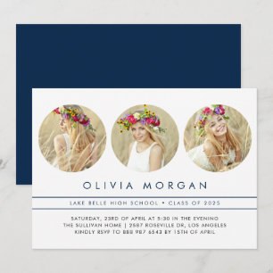 Invitation Marine Blue Modern Trois Photo Collage Graduation