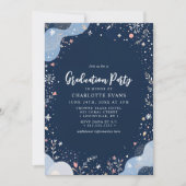 Invitation Marine Blue Moderne Floral Confetti Graduation (Devant)