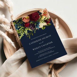 Invitation Marine Blue Moody Floral Bourgogne Mariage