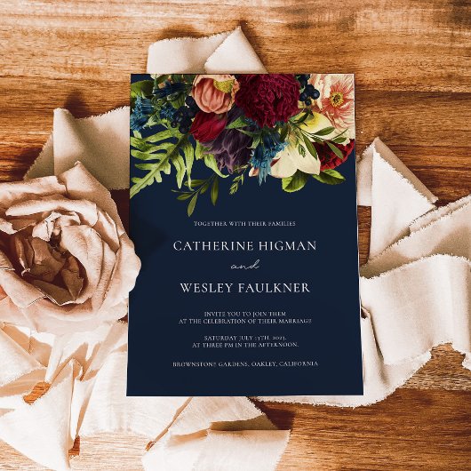 Invitation Marine Blue Moody Floral Bourgogne Mariage