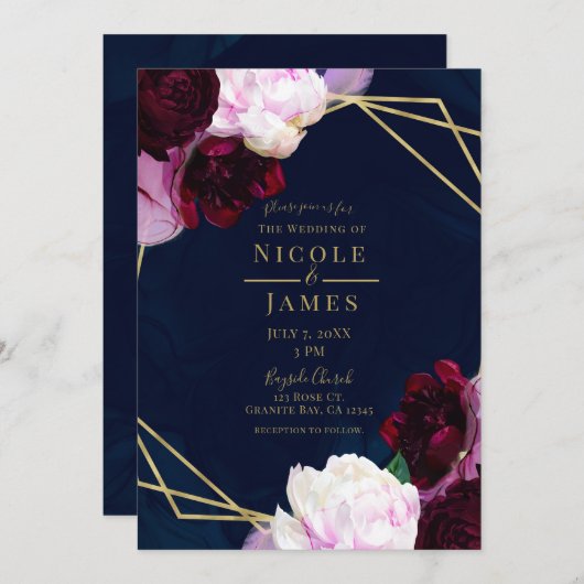 Invitation Marine Blue Moody Floral Moderne Glam Mariage (Devant / Derrière)