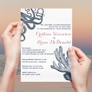 Invitation Marine Blue Octopus Coral Nautique Plage Mariage