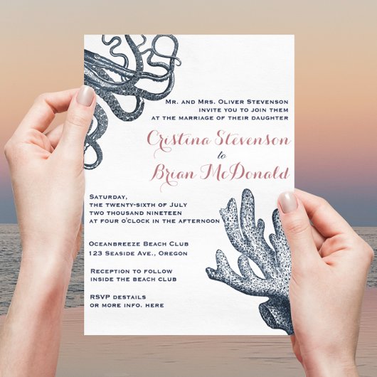 Invitation Marine Blue Octopus Coral Nautique Plage Mariage