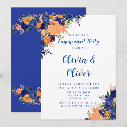 Invitation Marine Blue Orange Botanique Floral Engagement (Devant / Derrière)