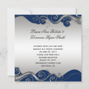 Invitation Marine Blue Ornate Silver Swirls Post Mariage Cele