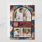 Invitation Marine Blue Peach Floral Burgundy QR Code Mariage (Dos)