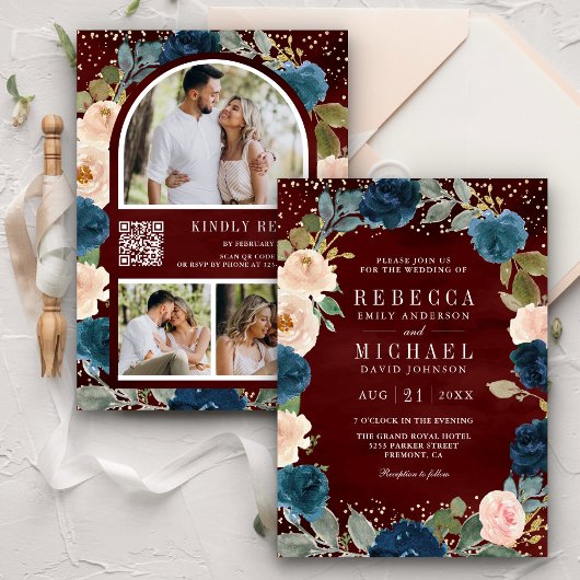 Invitation Marine Blue Peach Floral Burgundy QR Code Mariage